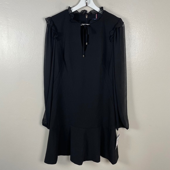 Tommy Hilfiger Dresses & Skirts - Tommy Hilfiger Women's 10 Shift Dress Black‎ Sheer Sleeve Ruffle NEW